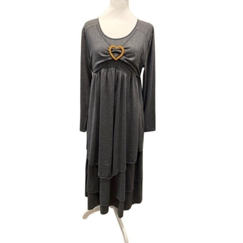Made With Heart Womens L Gray Tiered Maxi Dress Long Sleeve Heart Buckle NWT
